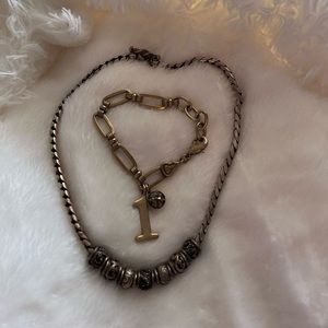 antique beaded thick necklace and bracelet set with bronze gold finish